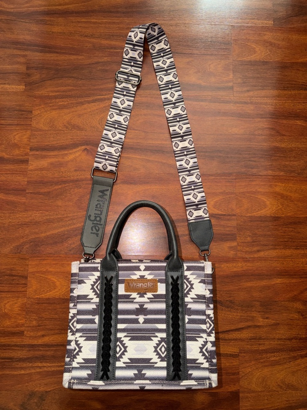 Wrangler Black & White Aztec-Patterned Tote with Adjustable Strap